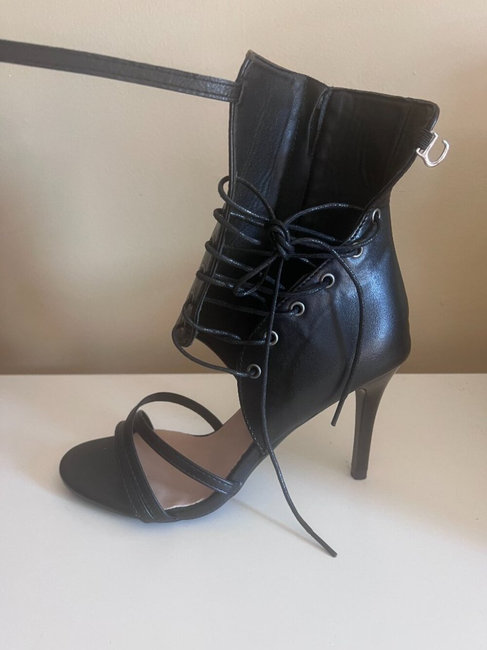 Fierce Strappy Black Leather Look Lace-Up Stilettos - 8.5 - Picture 4 of 10